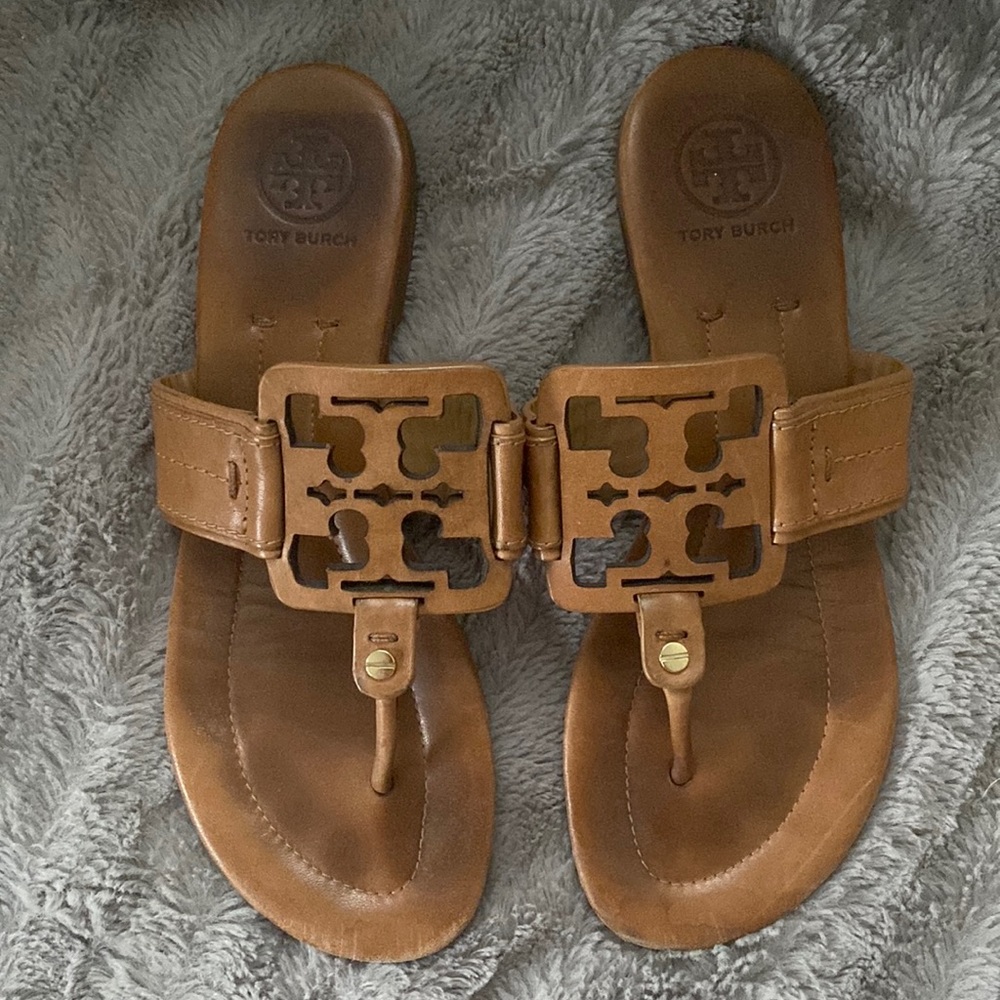 Tory Burch Square Miller Leather Flip-Flop Sandal Brown Tan Size 7